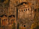 Lycian tombs cut into the cliffs over the river in Dalyan.